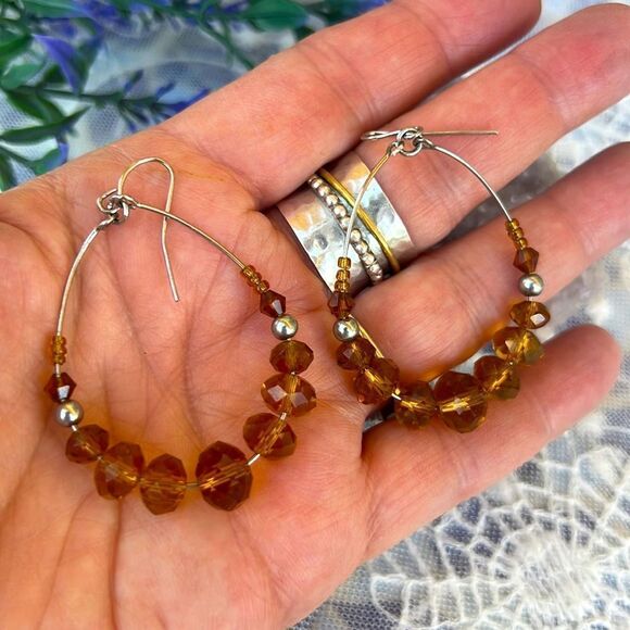 Golden Crystal Beaded Hoop Earrings - Picture 3 of 8